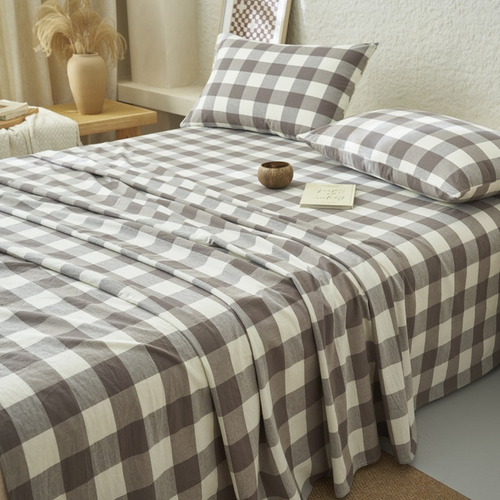 91家纺网 家纺一手货源 找家纺 早晨家纺 2025新款色织纯棉水洗棉床单 灰中格