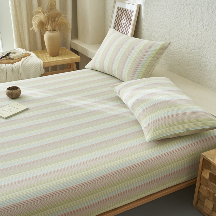 91家纺网 家纺一手货源 找家纺 早晨家纺 2025新款色织纯棉水洗棉床笠 克鲁奇-绿