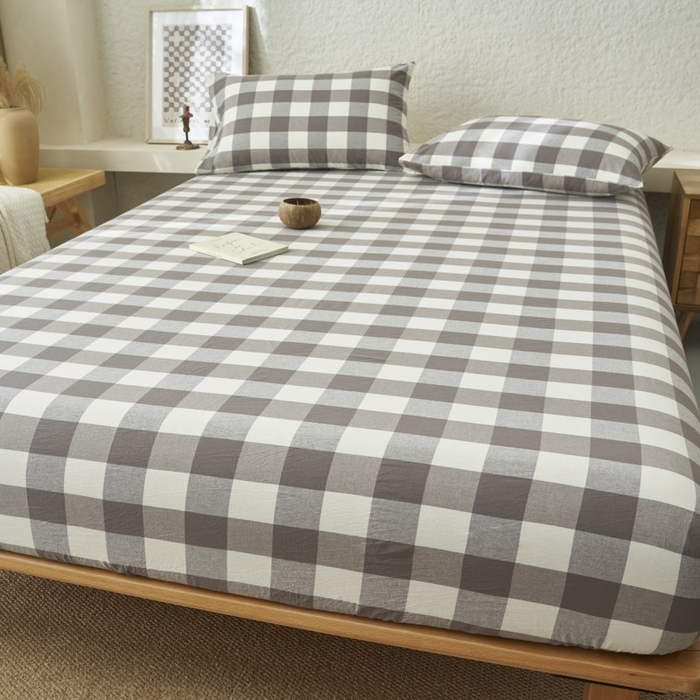 91家纺网 家纺一手货源 找家纺 早晨家纺 2025新款色织纯棉水洗棉床笠 灰中格