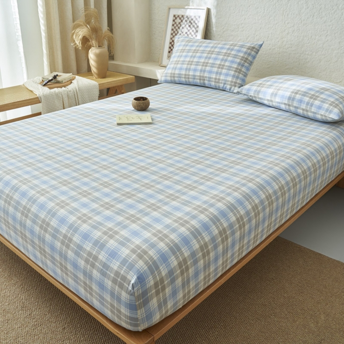 91家纺网 家纺一手货源 找家纺 早晨家纺 2025新款色织纯棉水洗棉床笠 森迪-蓝