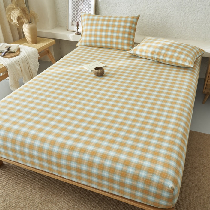 91家纺网 家纺一手货源 找家纺 早晨家纺 2025新款色织纯棉水洗棉床笠 沐夏-桔