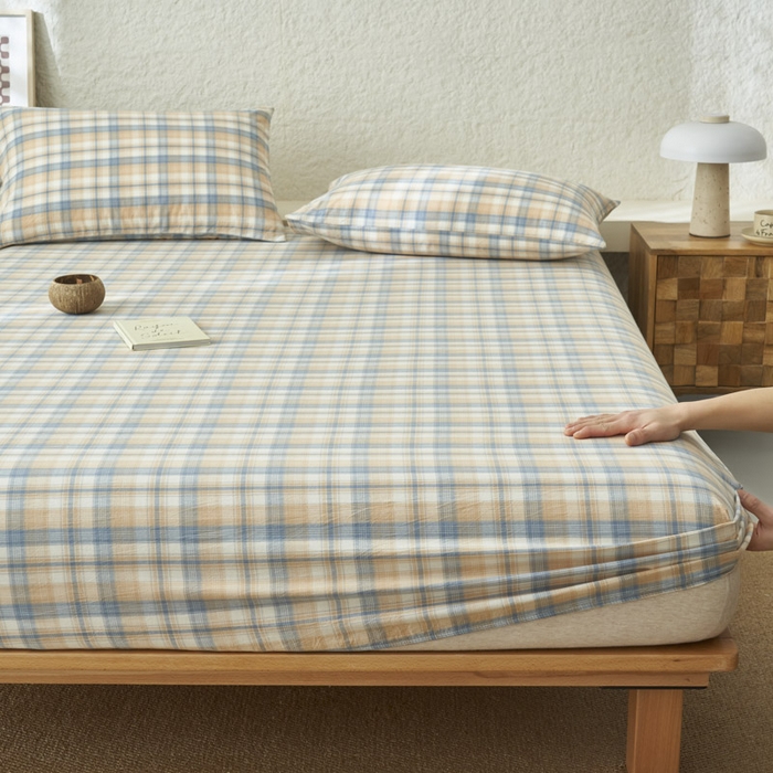 91家纺网 家纺一手货源 找家纺 早晨家纺 2025新款色织纯棉水洗棉床笠 云舒-咖