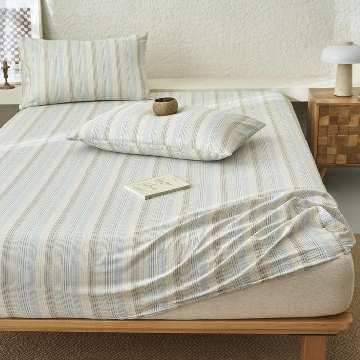 91家纺网 家纺一手货源 找家纺 早晨家纺 2025新款色织纯棉水洗棉床笠 凯西亚-蓝