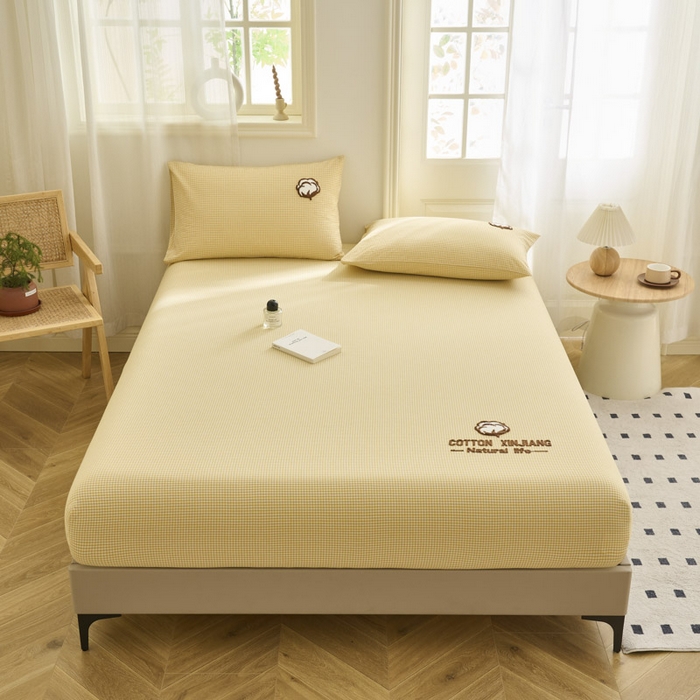 91家纺网 家纺一手货源 找家纺 早晨家纺 2025新款色织纯棉水洗棉毛巾绣床笠 星曜床笠-姜黄