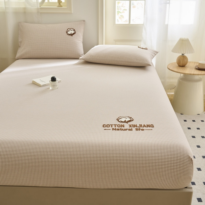 91家纺网 家纺一手货源 找家纺 早晨家纺 2025新款色织纯棉水洗棉毛巾绣床笠 星曜床笠-米咖