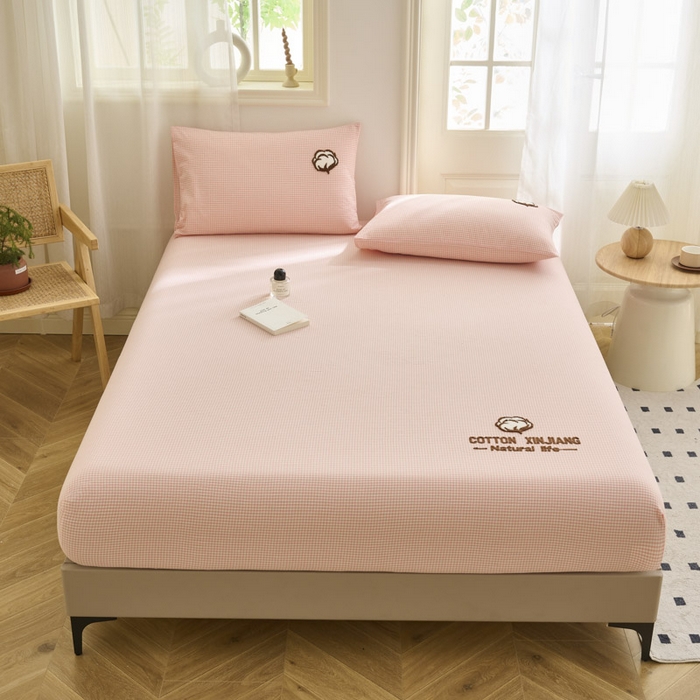 91家纺网 家纺一手货源 找家纺 早晨家纺 2025新款色织纯棉水洗棉毛巾绣床笠 星曜床笠-浅粉