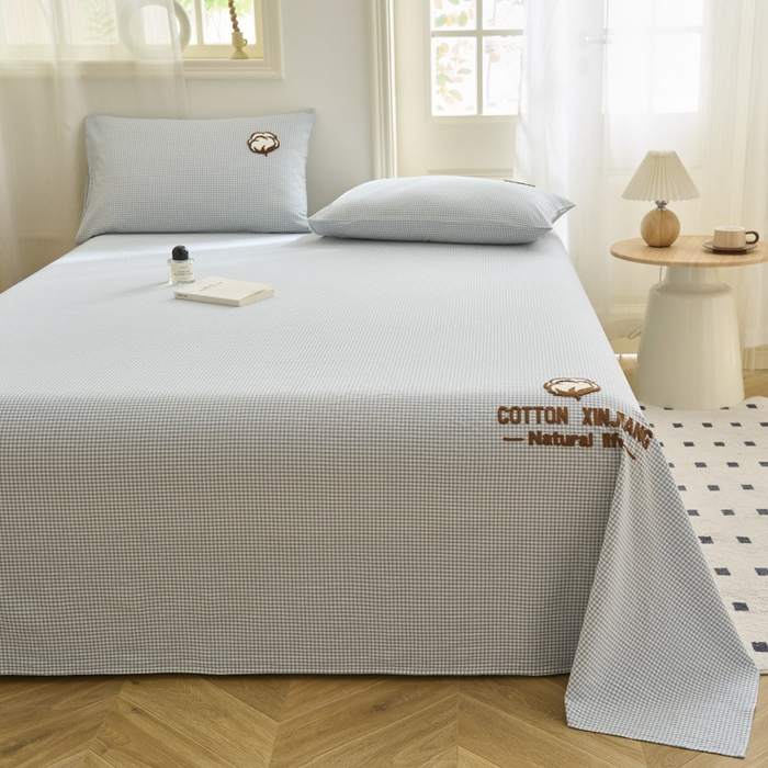 91家纺网 家纺一手货源 找家纺 早晨家纺 2025新款色织纯棉水洗棉毛巾绣床单 星曜床单-浅兰