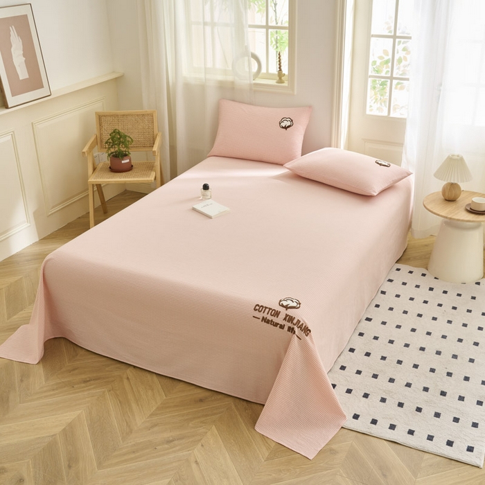 91家纺网 家纺一手货源 找家纺 早晨家纺 2025新款色织纯棉水洗棉毛巾绣床单 星曜床单-浅粉