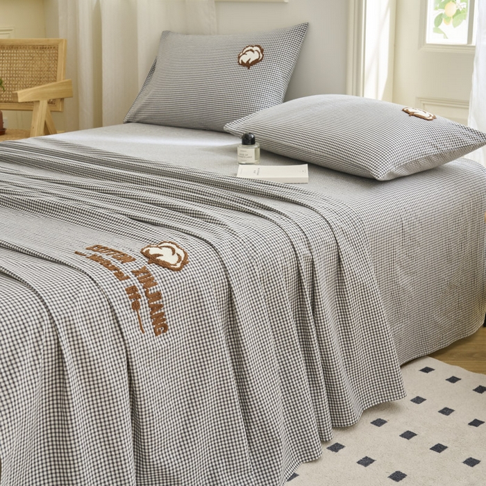 91家纺网 家纺一手货源 找家纺 早晨家纺 2025新款色织纯棉水洗棉毛巾绣床单 星曜床单-深灰