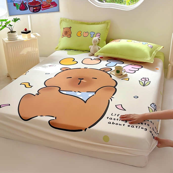 91家纺网 家纺一手货源 找家纺 （总）浩诚 2025新款卡皮巴拉原创IP全棉纯棉大版单床笠单枕套床笠枕套单件-有作品登记证书