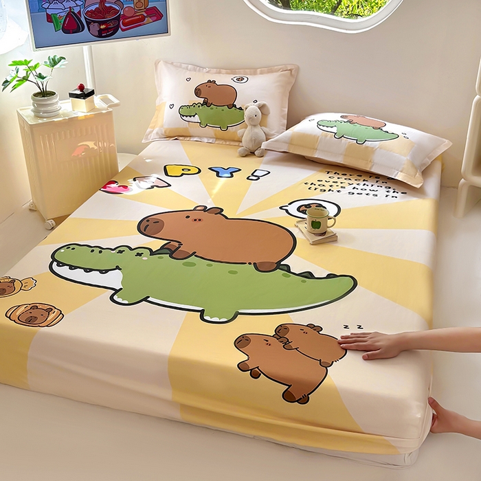 91家纺网 家纺一手货源 找家纺 （总）浩诚 2025新款卡皮巴拉原创IP全棉纯棉大版单床笠单枕套床笠枕套单件-有作品登记证书