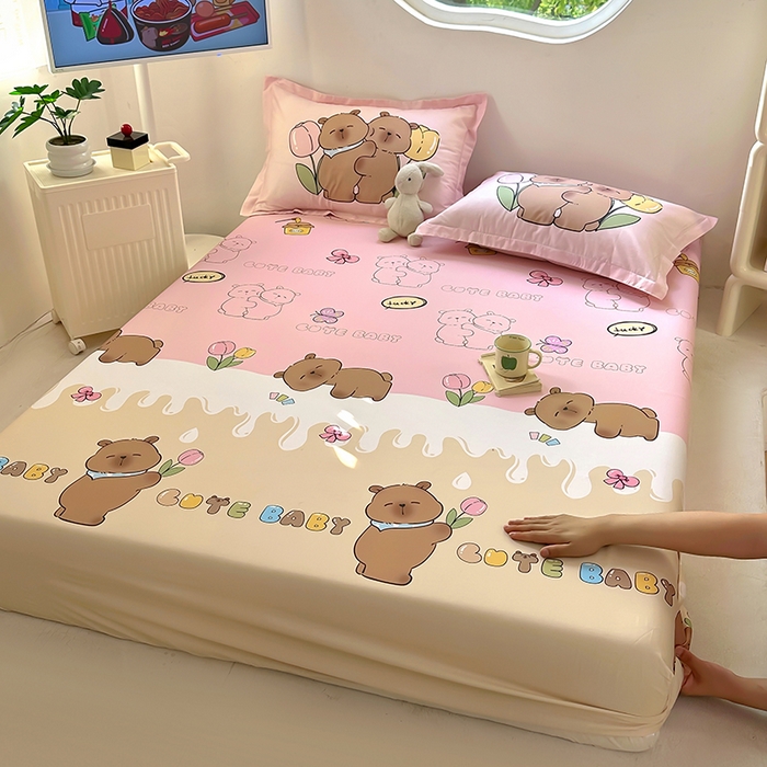 91家纺网 家纺一手货源 找家纺 （总）浩诚 2025新款卡皮巴拉原创IP全棉纯棉大版单床笠单枕套床笠枕套单件-有作品登记证书