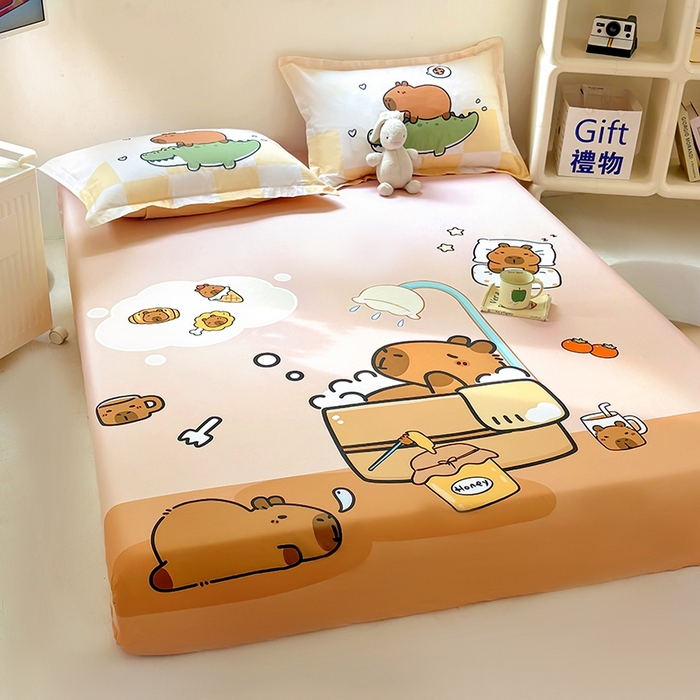 91家纺网 家纺一手货源 找家纺 浩诚 2025新款卡皮巴拉原创IP全棉纯棉大版单床笠单枕套床笠枕套单件-有作品登记证书 向往的生活