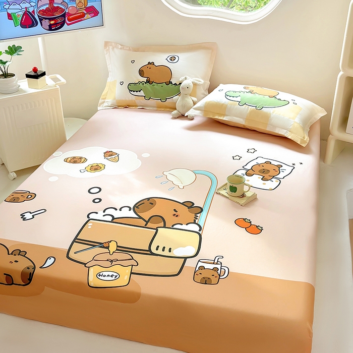 91家纺网 家纺一手货源 找家纺 浩诚 2025新款卡皮巴拉原创IP全棉纯棉大版单床笠单枕套床笠枕套单件-有作品登记证书 向往的生活