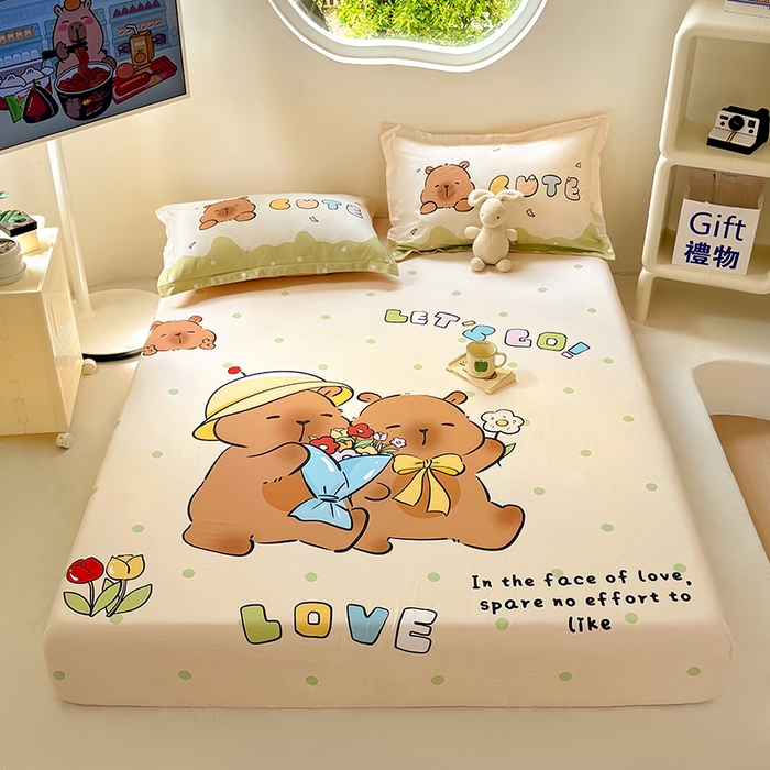 91家纺网 家纺一手货源 找家纺 浩诚 2025新款卡皮巴拉原创IP全棉纯棉大版单床笠单枕套床笠枕套单件-有作品登记证书 波点巴拉