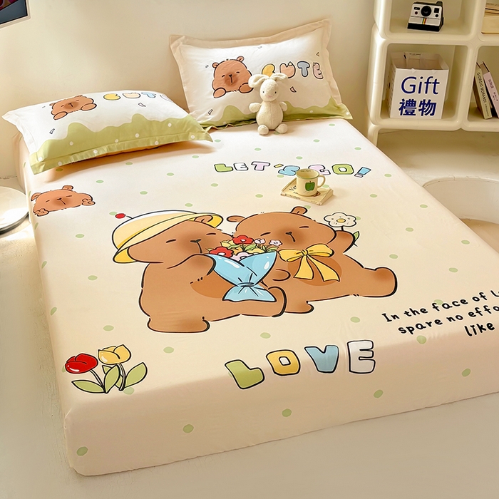 91家纺网 家纺一手货源 找家纺 浩诚 2025新款卡皮巴拉原创IP全棉纯棉大版单床笠单枕套床笠枕套单件-有作品登记证书 波点巴拉