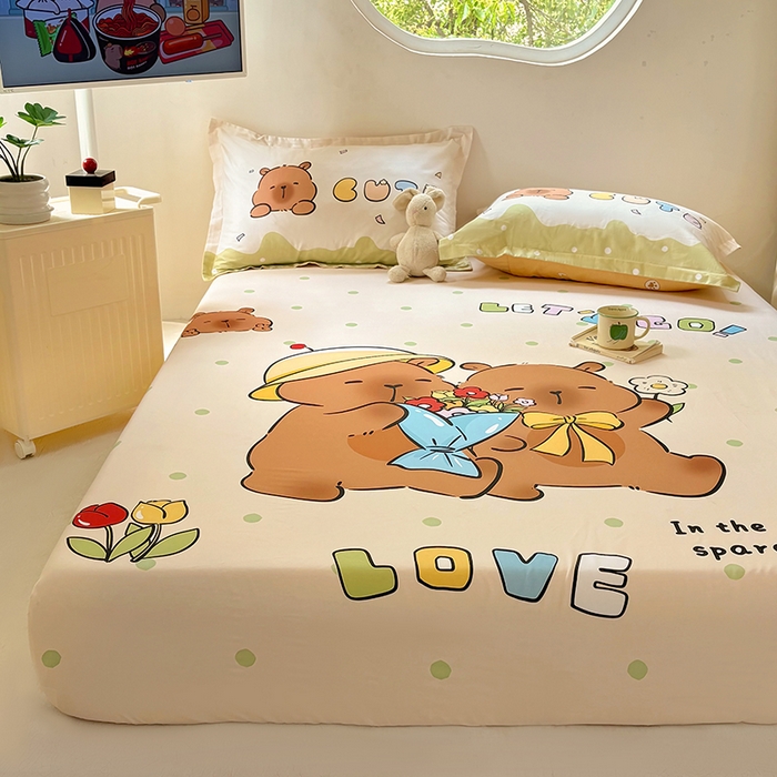 91家纺网 家纺一手货源 找家纺 浩诚 2025新款卡皮巴拉原创IP全棉纯棉大版单床笠单枕套床笠枕套单件-有作品登记证书 波点巴拉