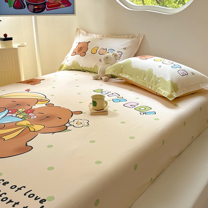 91家纺网 家纺一手货源 找家纺 浩诚 2025新款卡皮巴拉原创IP全棉纯棉大版单床笠单枕套床笠枕套单件-有作品登记证书 波点巴拉