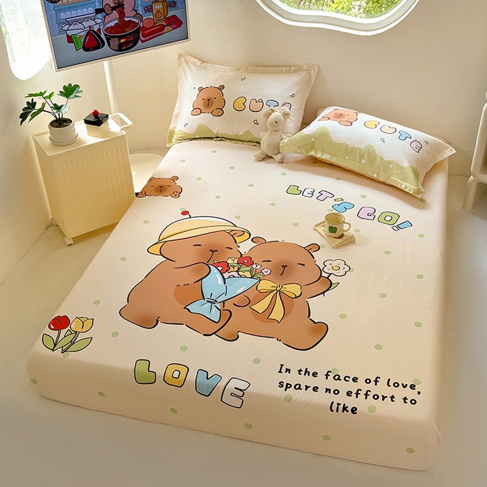 91家纺网 家纺一手货源 找家纺 浩诚 2025新款卡皮巴拉原创IP全棉纯棉大版单床笠单枕套床笠枕套单件-有作品登记证书 波点巴拉