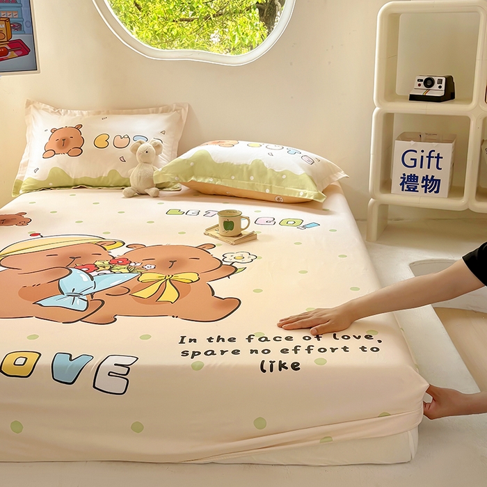 91家纺网 家纺一手货源 找家纺 浩诚 2025新款卡皮巴拉原创IP全棉纯棉大版单床笠单枕套床笠枕套单件-有作品登记证书 波点巴拉