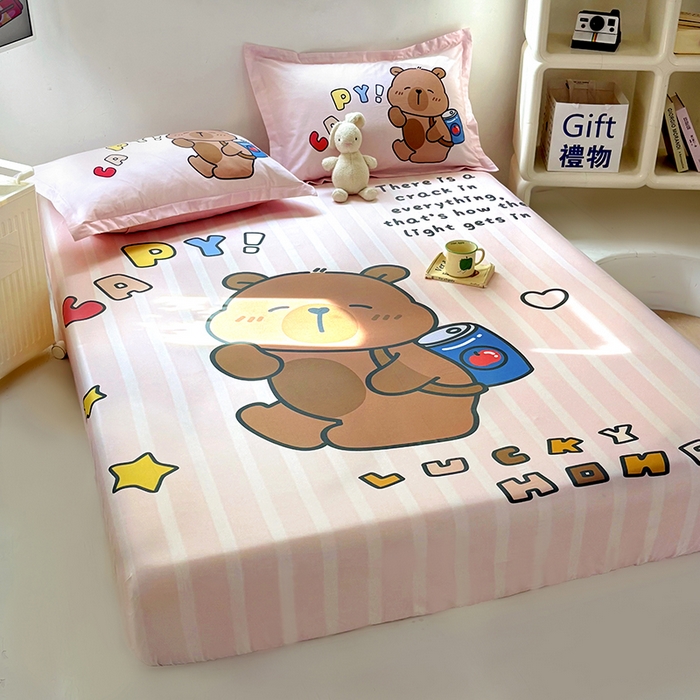 91家纺网 家纺一手货源 找家纺 浩诚 2025新款卡皮巴拉原创IP全棉纯棉大版单床笠单枕套床笠枕套单件-有作品登记证书 可乐巴拉