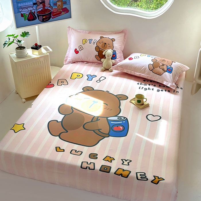 91家纺网 家纺一手货源 找家纺 浩诚 2025新款卡皮巴拉原创IP全棉纯棉大版单床笠单枕套床笠枕套单件-有作品登记证书 可乐巴拉