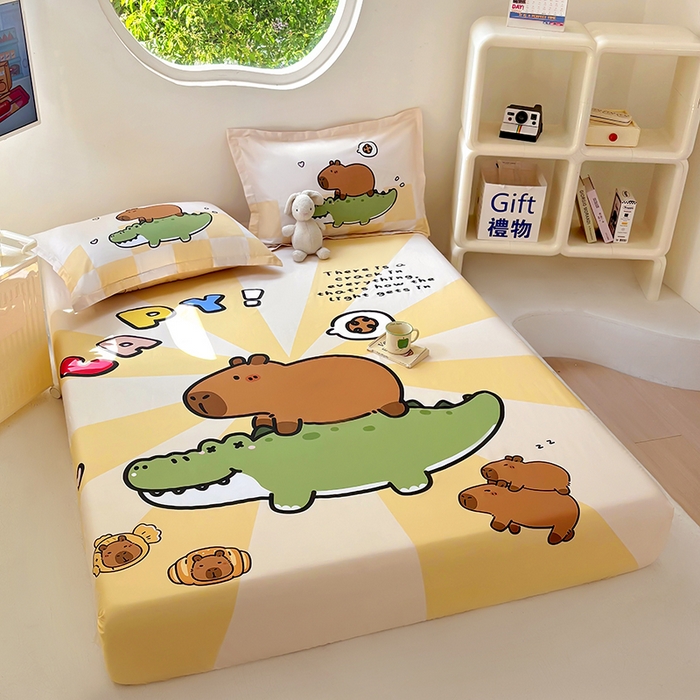 91家纺网 家纺一手货源 找家纺 浩诚 2025新款卡皮巴拉原创IP全棉纯棉大版单床笠单枕套床笠枕套单件-有作品登记证书 趴趴巴拉