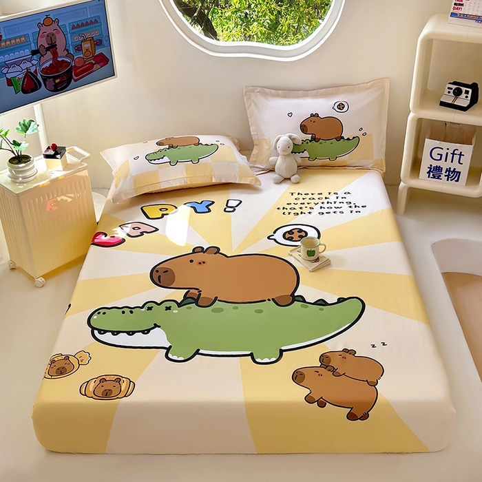 91家纺网 家纺一手货源 找家纺 浩诚 2025新款卡皮巴拉原创IP全棉纯棉大版单床笠单枕套床笠枕套单件-有作品登记证书 趴趴巴拉