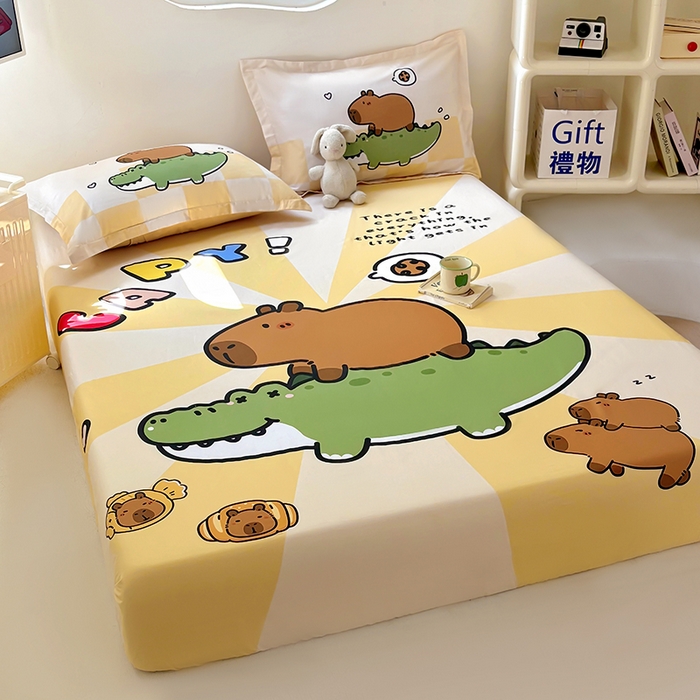 91家纺网 家纺一手货源 找家纺 浩诚 2025新款卡皮巴拉原创IP全棉纯棉大版单床笠单枕套床笠枕套单件-有作品登记证书 趴趴巴拉