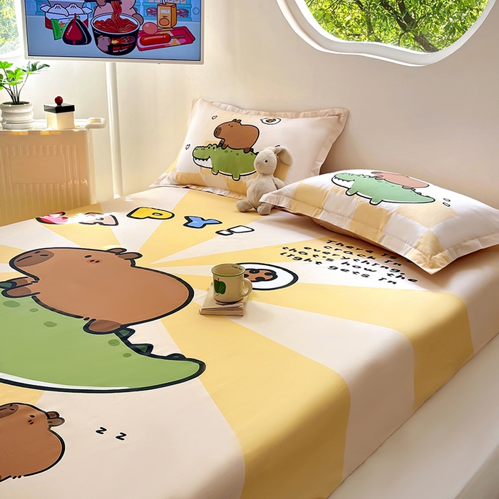 91家纺网 家纺一手货源 找家纺 浩诚 2025新款卡皮巴拉原创IP全棉纯棉大版单床笠单枕套床笠枕套单件-有作品登记证书 趴趴巴拉