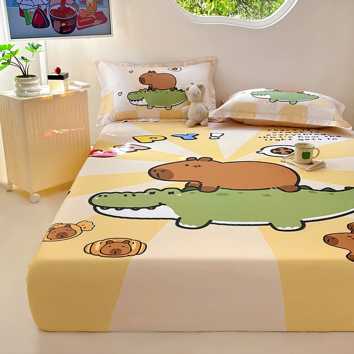 91家纺网 家纺一手货源 找家纺 浩诚 2025新款卡皮巴拉原创IP全棉纯棉大版单床笠单枕套床笠枕套单件-有作品登记证书 趴趴巴拉