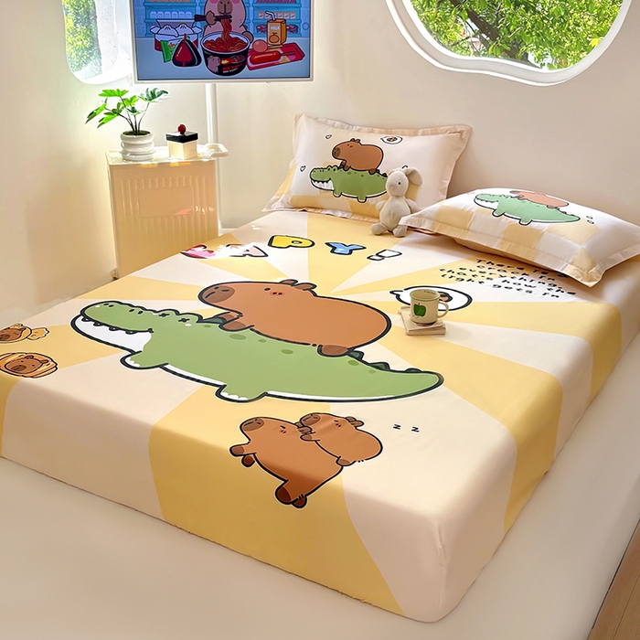 91家纺网 家纺一手货源 找家纺 浩诚 2025新款卡皮巴拉原创IP全棉纯棉大版单床笠单枕套床笠枕套单件-有作品登记证书 趴趴巴拉