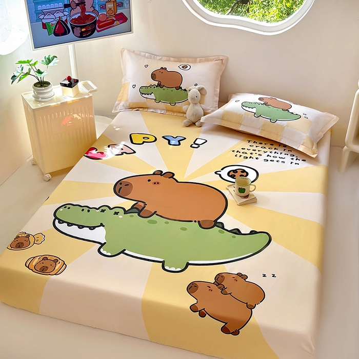 91家纺网 家纺一手货源 找家纺 浩诚 2025新款卡皮巴拉原创IP全棉纯棉大版单床笠单枕套床笠枕套单件-有作品登记证书 趴趴巴拉