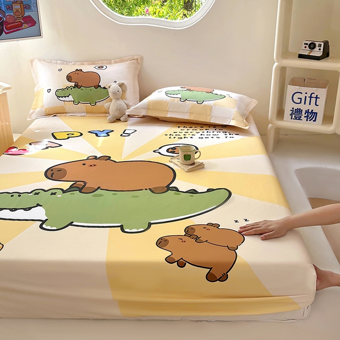 91家纺网 家纺一手货源 找家纺 浩诚 2025新款卡皮巴拉原创IP全棉纯棉大版单床笠单枕套床笠枕套单件-有作品登记证书 趴趴巴拉