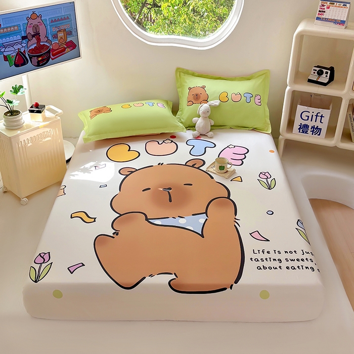 91家纺网 家纺一手货源 找家纺 浩诚 2025新款卡皮巴拉原创IP全棉纯棉大版单床笠单枕套床笠枕套单件-有作品登记证书 水豚巴拉