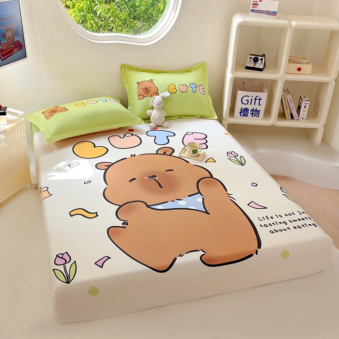 91家纺网 家纺一手货源 找家纺 浩诚 2025新款卡皮巴拉原创IP全棉纯棉大版单床笠单枕套床笠枕套单件-有作品登记证书 水豚巴拉