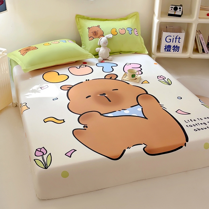 91家纺网 家纺一手货源 找家纺 浩诚 2025新款卡皮巴拉原创IP全棉纯棉大版单床笠单枕套床笠枕套单件-有作品登记证书 水豚巴拉