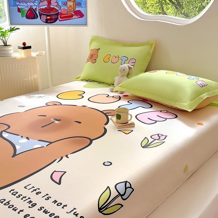 91家纺网 家纺一手货源 找家纺 浩诚 2025新款卡皮巴拉原创IP全棉纯棉大版单床笠单枕套床笠枕套单件-有作品登记证书 水豚巴拉