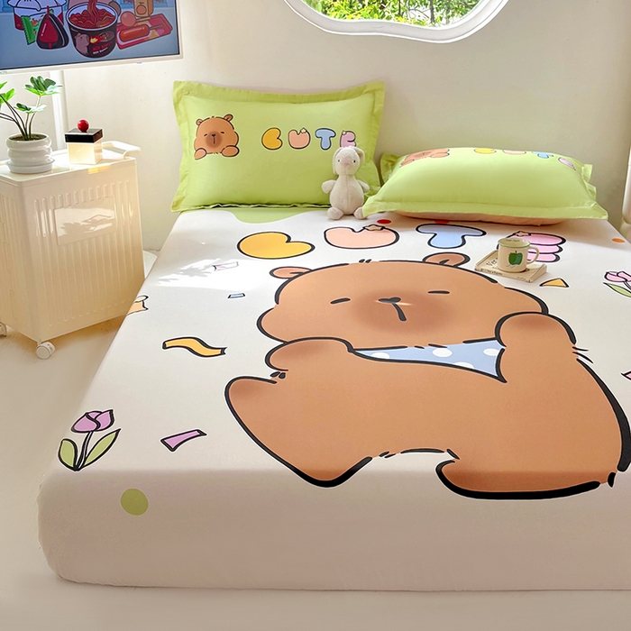 91家纺网 家纺一手货源 找家纺 浩诚 2025新款卡皮巴拉原创IP全棉纯棉大版单床笠单枕套床笠枕套单件-有作品登记证书 水豚巴拉