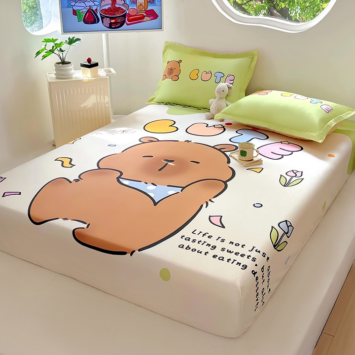 91家纺网 家纺一手货源 找家纺 浩诚 2025新款卡皮巴拉原创IP全棉纯棉大版单床笠单枕套床笠枕套单件-有作品登记证书 水豚巴拉