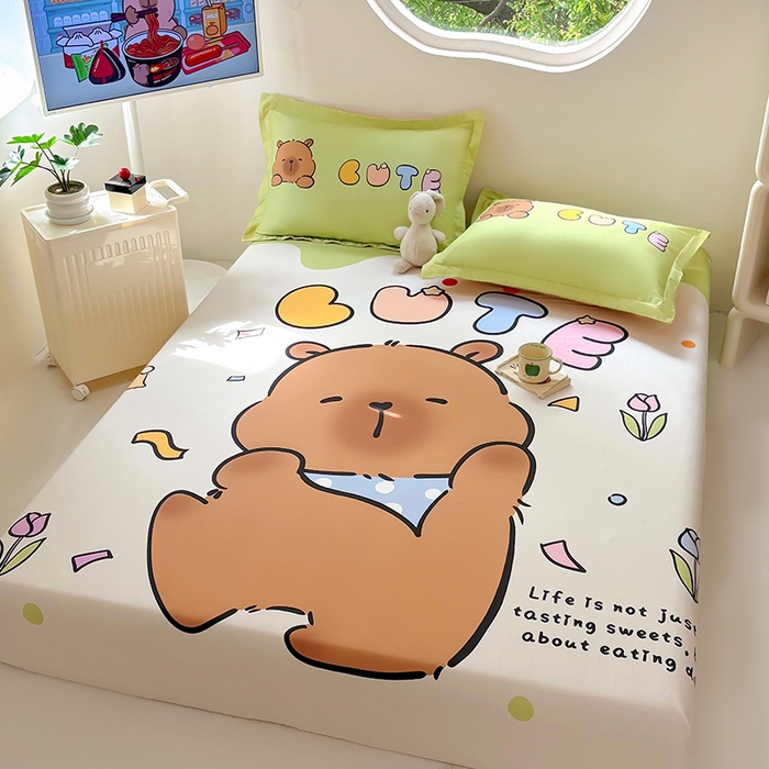 91家纺网 家纺一手货源 找家纺 浩诚 2025新款卡皮巴拉原创IP全棉纯棉大版单床笠单枕套床笠枕套单件-有作品登记证书 水豚巴拉