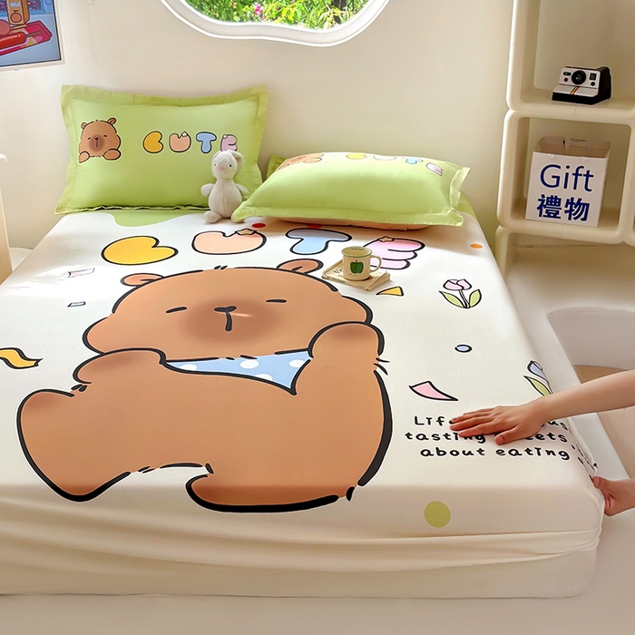 91家纺网 家纺一手货源 找家纺 浩诚 2025新款卡皮巴拉原创IP全棉纯棉大版单床笠单枕套床笠枕套单件-有作品登记证书 水豚巴拉