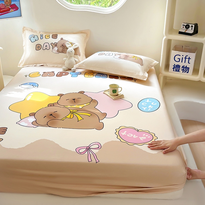 91家纺网 家纺一手货源 找家纺 浩诚 2025新款卡皮巴拉原创IP全棉纯棉大版单床笠单枕套床笠枕套单件-有作品登记证书 睡梦巴拉