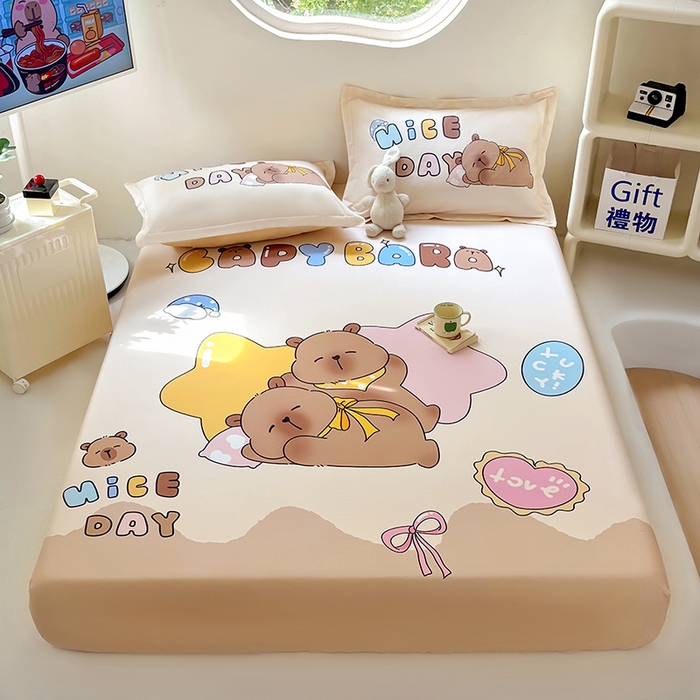 91家纺网 家纺一手货源 找家纺 浩诚 2025新款卡皮巴拉原创IP全棉纯棉大版单床笠单枕套床笠枕套单件-有作品登记证书 睡梦巴拉