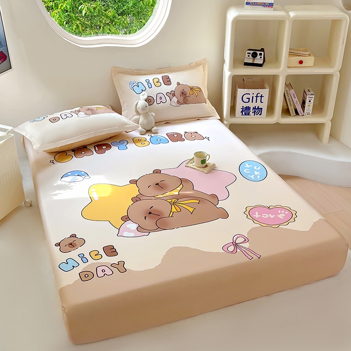 91家纺网 家纺一手货源 找家纺 浩诚 2025新款卡皮巴拉原创IP全棉纯棉大版单床笠单枕套床笠枕套单件-有作品登记证书 睡梦巴拉