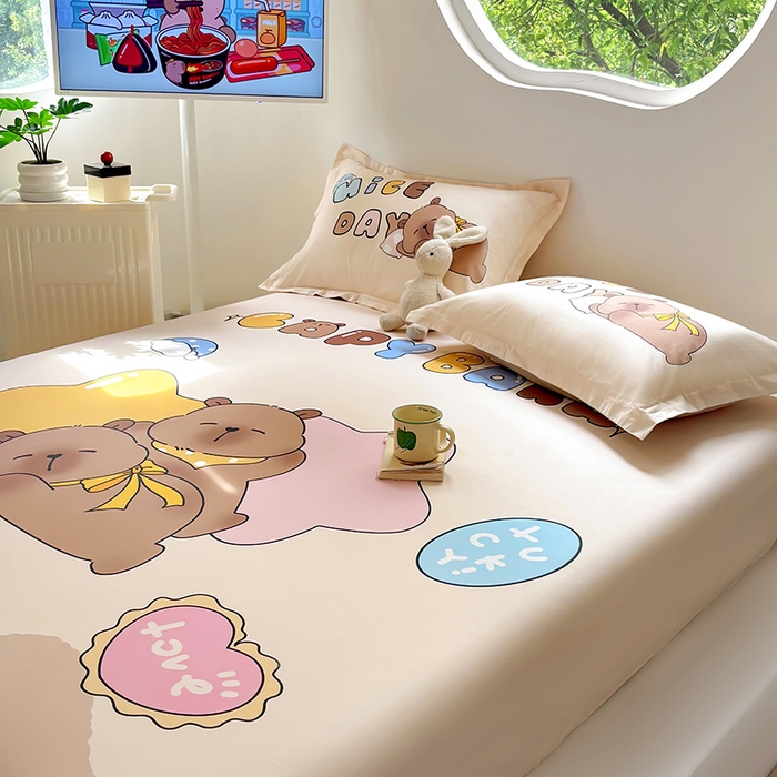 91家纺网 家纺一手货源 找家纺 浩诚 2025新款卡皮巴拉原创IP全棉纯棉大版单床笠单枕套床笠枕套单件-有作品登记证书 睡梦巴拉