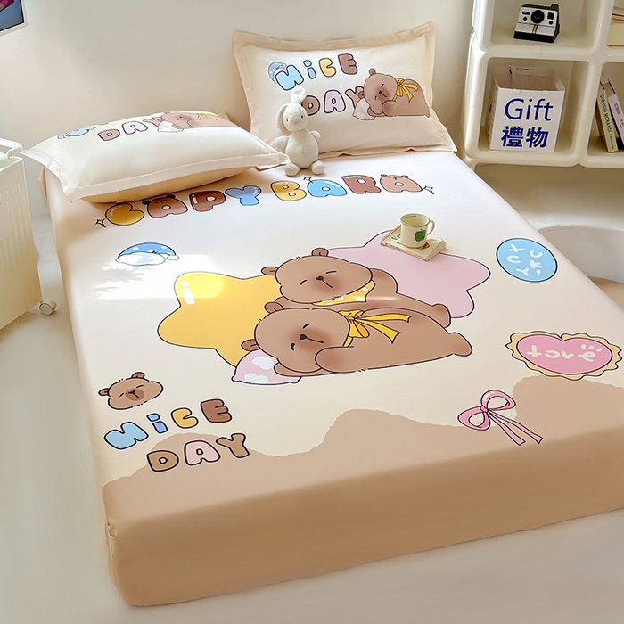 91家纺网 家纺一手货源 找家纺 浩诚 2025新款卡皮巴拉原创IP全棉纯棉大版单床笠单枕套床笠枕套单件-有作品登记证书 睡梦巴拉