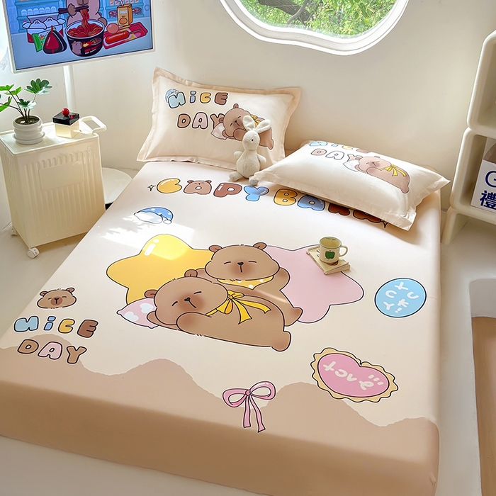 91家纺网 家纺一手货源 找家纺 浩诚 2025新款卡皮巴拉原创IP全棉纯棉大版单床笠单枕套床笠枕套单件-有作品登记证书 睡梦巴拉