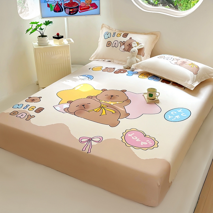 91家纺网 家纺一手货源 找家纺 浩诚 2025新款卡皮巴拉原创IP全棉纯棉大版单床笠单枕套床笠枕套单件-有作品登记证书 睡梦巴拉