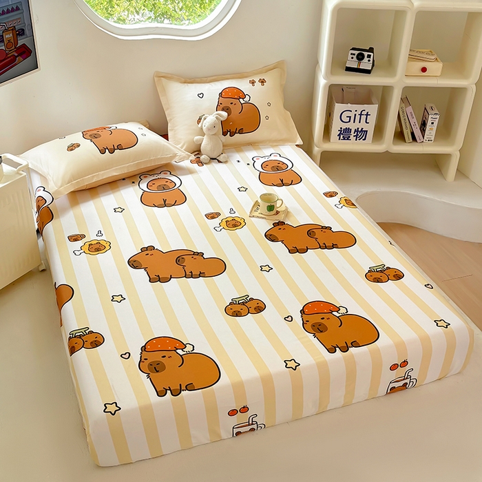 91家纺网 家纺一手货源 找家纺 浩诚 2025新款卡皮巴拉原创IP全棉纯棉大版单床笠单枕套床笠枕套单件-有作品登记证书 条纹巴拉